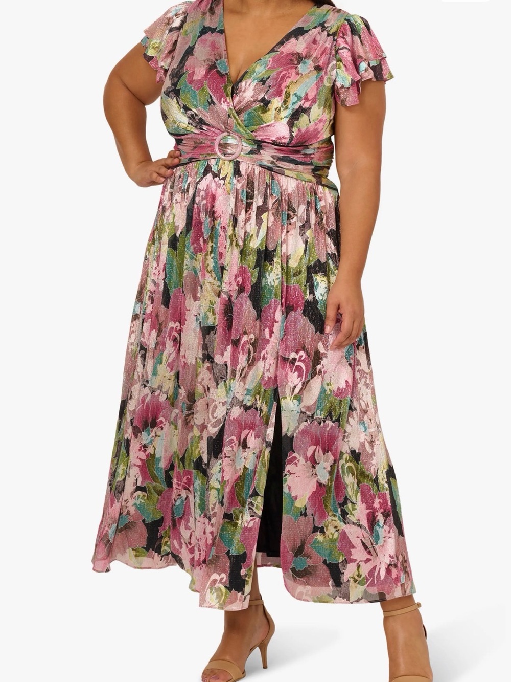 Adrianna Papell Flutter Sleeve Metallic Floral Maxi Cocktail Dress (Plus)
